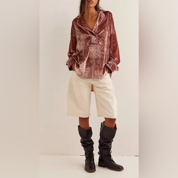 Free People We The Free Luxy Solid Velvet Shirt Cedar Wood Size XS RARE Sold Out - Picture 2 of 12